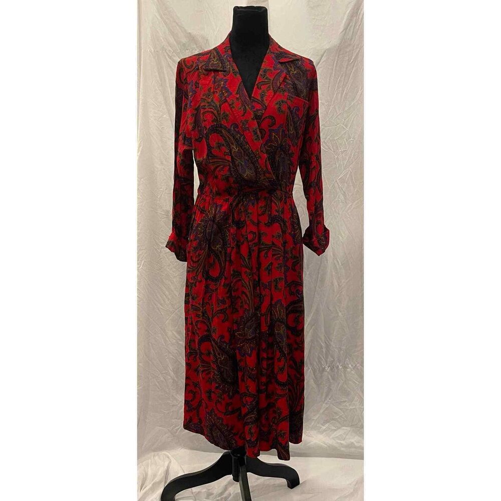 Vintage 80s Leslie Fay Wrap Dress Red Black Paisley Midi Corporate Siren 16 L XL